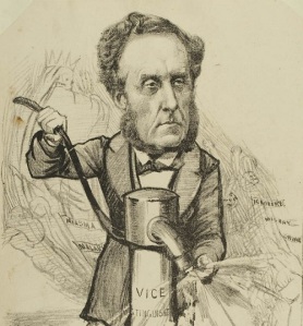 Cartoon of the seventh Earl of Shaftesbury, operating the vice extinguisher