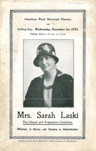 MS 134 AJ33/43 Leaflet for the Cheetham Ward Municipal election featuring Mrs Sarah Laski as a candidate, Nov 1933