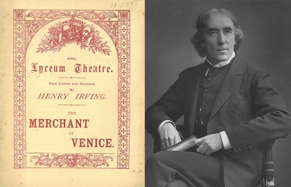 Front cover of a programme for The Merchant of Venice at the Royal Lyceum Theatre, 19 May 1887 [MS98 A14/2] together with a photograph of Henry Irving [MS 98 A14/67]