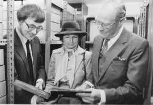 The official opening of the Wellington Suite, 14 May 1983. Dr Chris Woolgar shows a bound volume of the papers to the Duke and Duchess of Wellington.