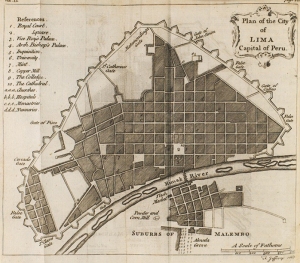‘Plan of the city of Lima, capital of Peru’: taken from A compendium of authentic and entertaining voyages (second edition, London 1766) vol. 2 [Rare Books G 160]