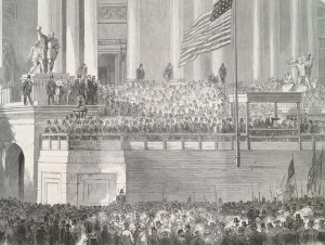 ‘President Lincoln delivering his inaugural address in front of the capital at Washington’, Illustrated London News, March 1861 [quarto per A]