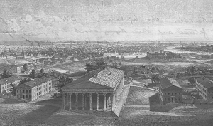 Black and white engraving of a scene entitled ‘Philadelphia’ from a letter from Evelyn Ashley to his sister Lady Victoria Ashley, 1 February 1859 [Broadlands Archives BR60/1/7]