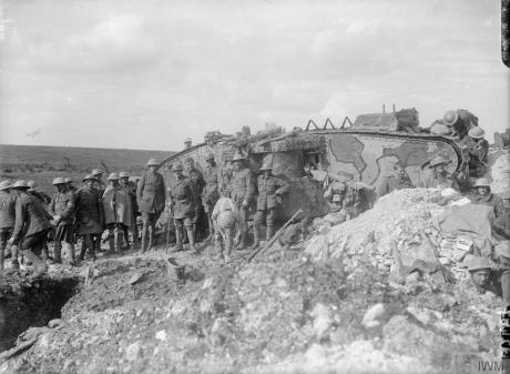 Battle of Flers-Courcelette. A Brigadier and his staff outside Tank 17 of D Company, which was used as his Headquarters. Near Flers, 21st September 1916. © IWM (Q 2487)
