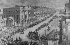 Illustration of the funeral procession for the Duke of Wellington passing Apsley House: Illustrated London News, 27 November 1852 [Rare Books quarto per A]