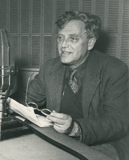 Revd James Parkes in studio for a radio broadcast [MS 60/34/6]