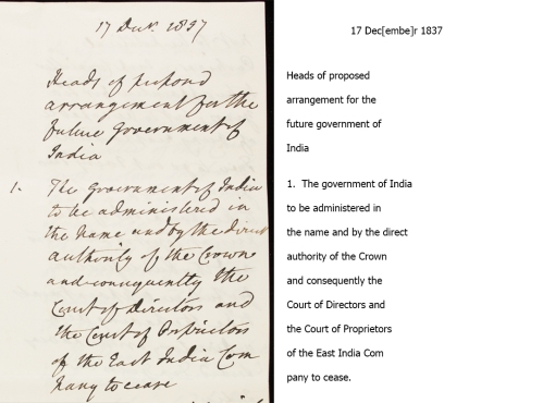 Heads of proposed arrangements for the future government of India, drafted in the hand of Prime Minister, Henry John Temple, third Viscount Palmerston [MS 62 Palmerston Papers CAB88B]