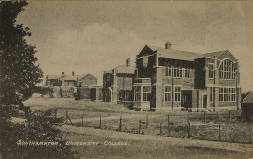 Early photograph of the University’s Highfield site. The building in the foreground is now the south wing of the Hartley Library.