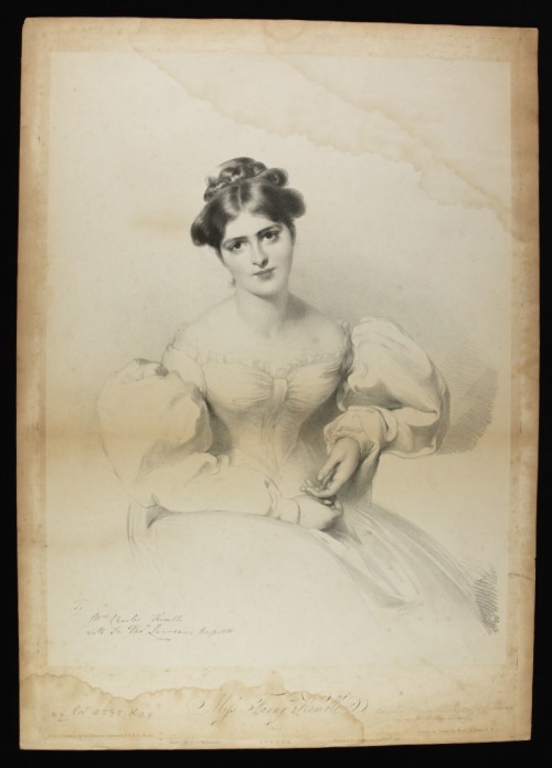 Stains and discolouration to a lithograph of Miss Fanny Kemble, drawn on stone by R. J. Lane [cq PN 2598.K28, print no. 525]