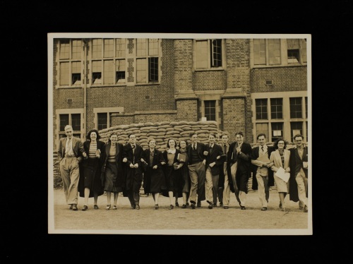 Students outside a sandbag protected University College of Southampton, 4 October 1939 [MS310/43 A2038/2]