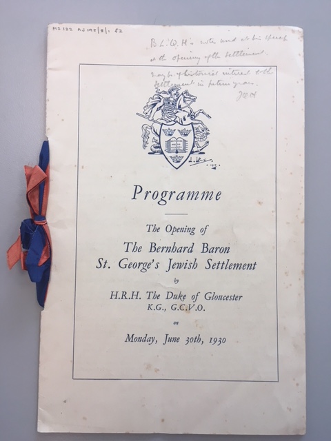 Programme for the opening of the Bernhard Baron St George’s Jewish Settlement, 30 June 1930 [MS 132 AJ 195/8/1 f.2]