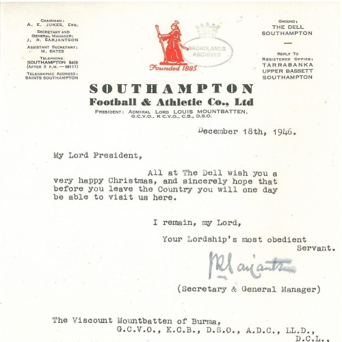 Letter from Southampton Football and Athletic Company Limited, wishing Lord Mountbatten a happy Christmas, 18 December 1946 [MB1/L499]