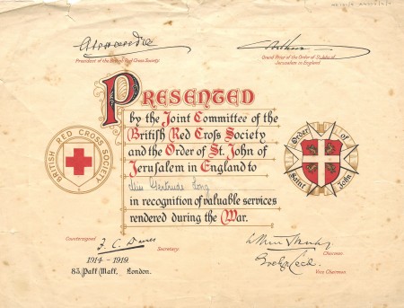Certificate granted to Gertrude Long in recognition of her services during the war [MS101/8 A4303/2/7]