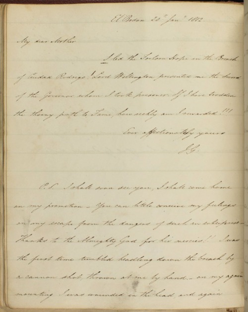Letter from Gurwood to his mother in which he reports he led the "forlorn hope" at Ciudad Rodrigo, 20 January 1812 [MS321/7]