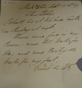 Note from Wellington to Collins sending instructions for preparing his room at Walmer Castle, 1838 [MS69/2/15]