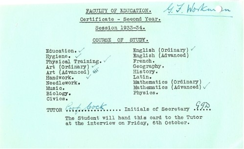 Faculty of Education course of study slip, 1933-1934 [MS 104 LF780 UNI 5/374/122]