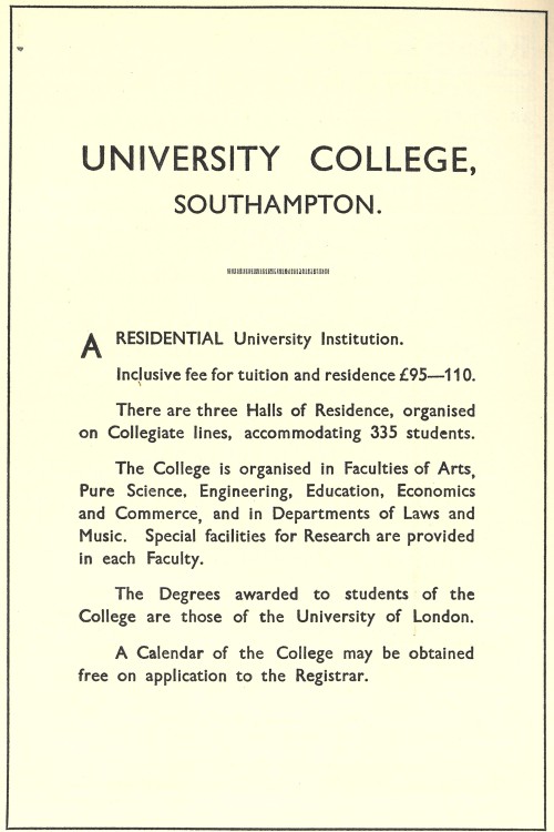 Advertisement for University College, Southampton, Wessex, Volume 3, 1933-36 [LD 789.9 Univ Coll.]