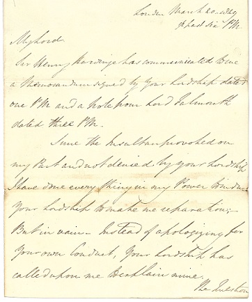 First page of Wellington's challenge to Lord Winchilsea, 20 March 1829 [MS61 WP1/1007/29]