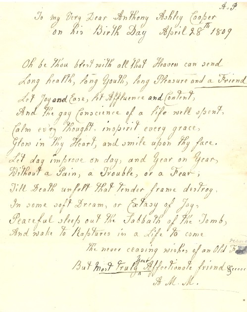 Poem written by Lord Shaftesbury’s sister for Lord Shaftesbury for his eight birthday [MS 62 SHA/MIS/62]