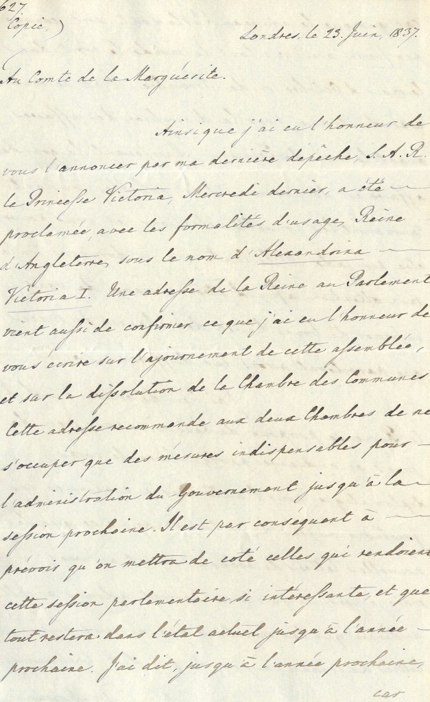 Letter from foreign diplomat Chevalier de Moiran to his respective court, Counte de la Marguérite, announcing Queen Victoria’s accession, 1837 [MS 62 BR FO/I/1]