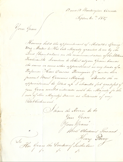 Application to Lord Palmerston for appointment of perfumer or hairdresser to Queen Victoria, 2 September 1837 [MS PP/MPC/574]