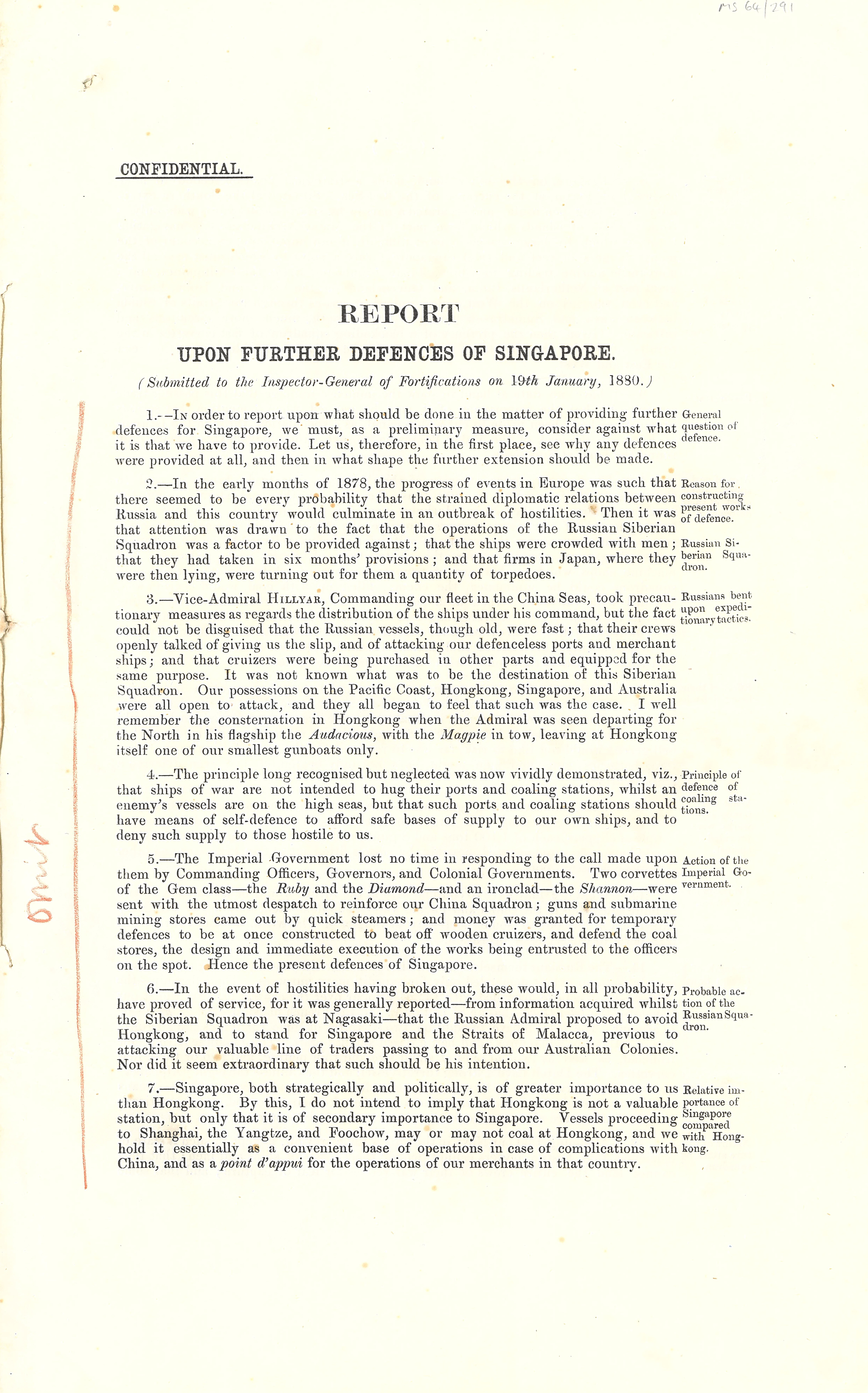 A draft of a report on the defences of Singapore, from Parnell’s papers as president of the Singapore Defence Committee, with his annotations and notes on business [MS 64/291]