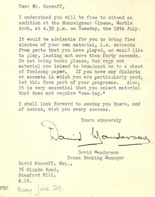 Part of a letter written to David Kossoff regarding an audition, 1940s [MS348 A2084 7/2]