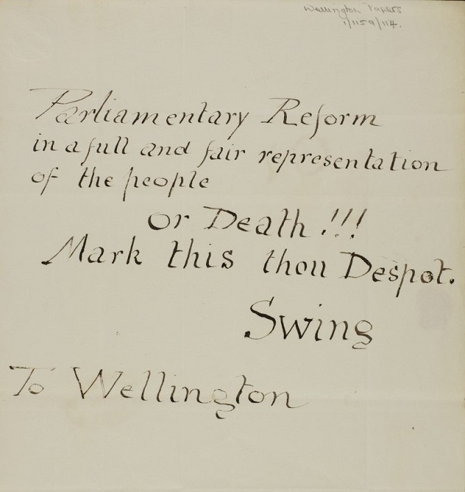 Threatening letter from Captain Swing to the Duke of Wellington