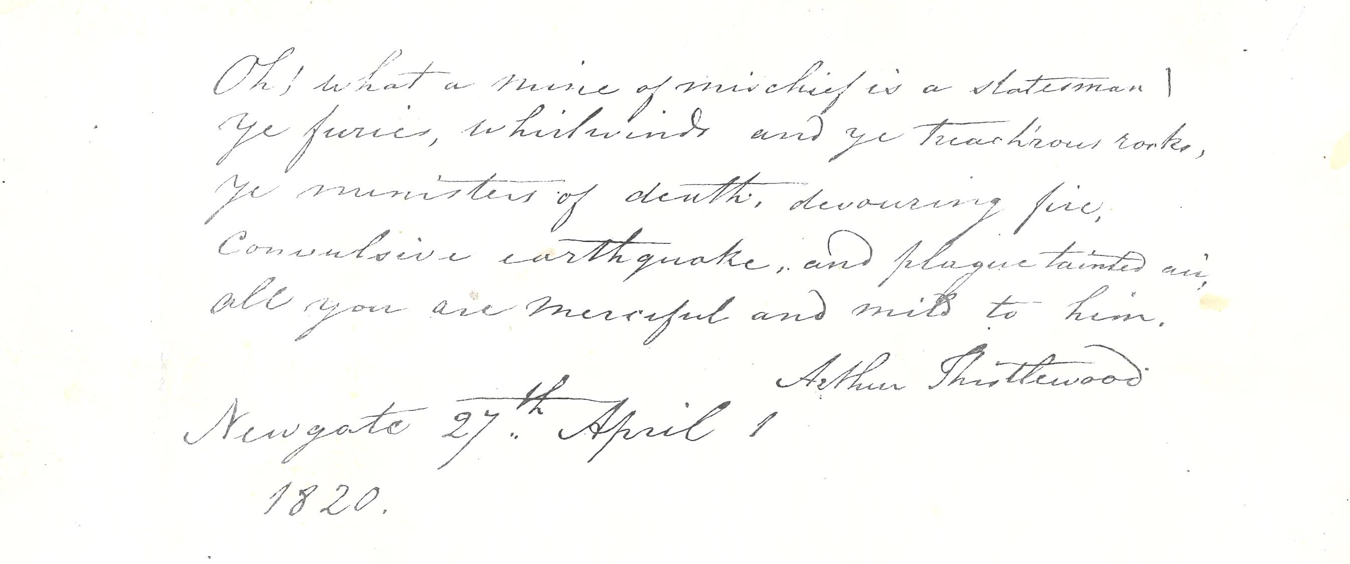 Sample of the handwriting of Arthur Thistlewood