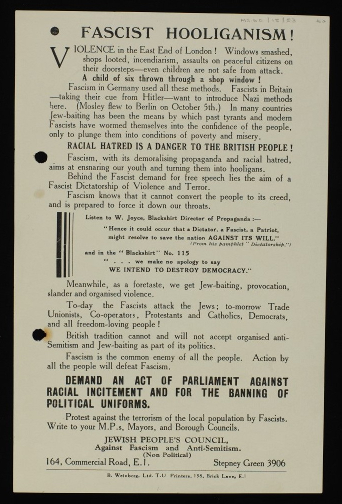 Fascist Hooliganism! leaflet of the Jewish People's Council, 1936