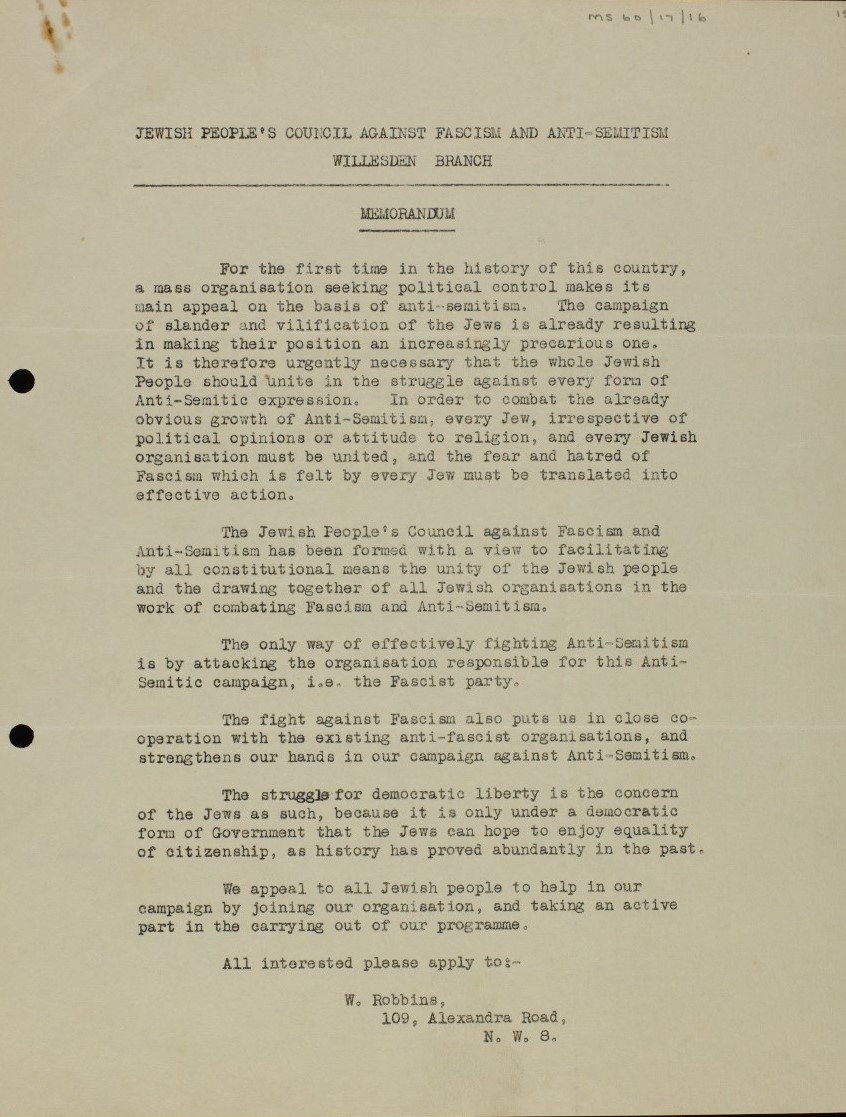 Memorandum of the Jewish Council Against Anti-Semitism and Fascism