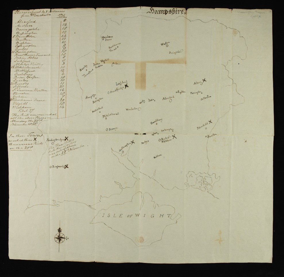 Hand drawn map of Swing riots in Hampshire, November 1830