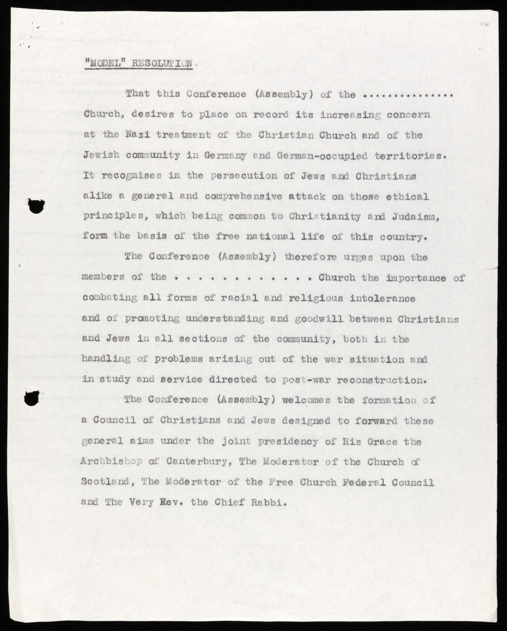 CCJ “Model” Resolution document, 1942 [MS65 A755/2/1/14]