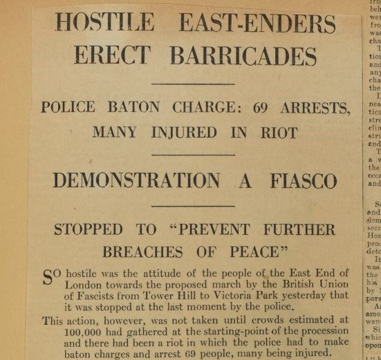 Headlines from the Nottingham Gazette about the Battle of Cable Street, 5 October 1936