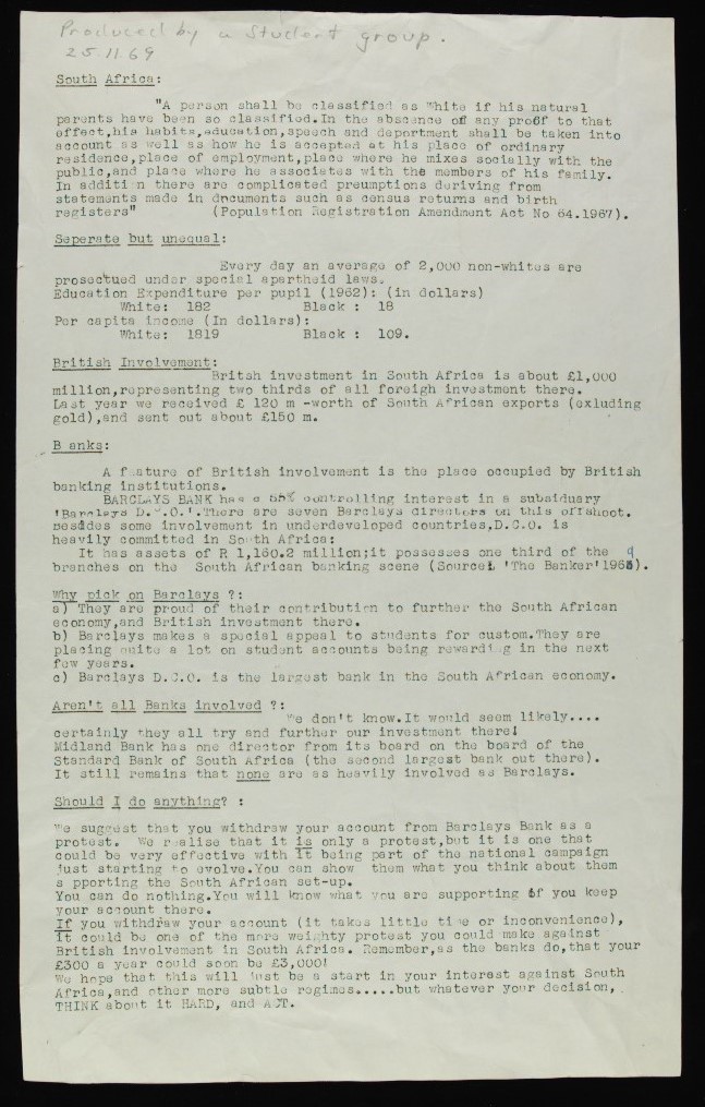 Student group leaflet for boycott against South Africa, 25 November 1969
