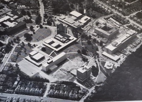 black and white aerial view of the west side of the campus